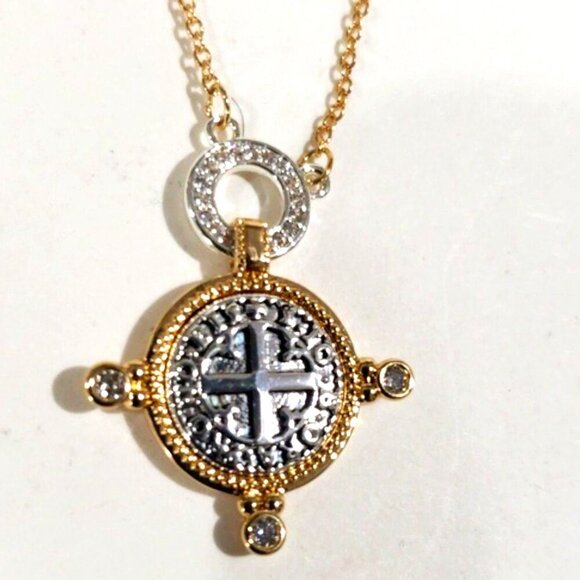 Gold & Silver Cross Medallion Pendant Necklace – Textured Religious Jewelry - Picture 1 of 10